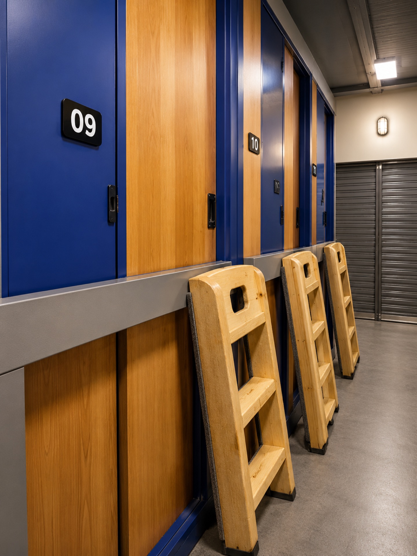 Numbered capsule doors along the pod corridor